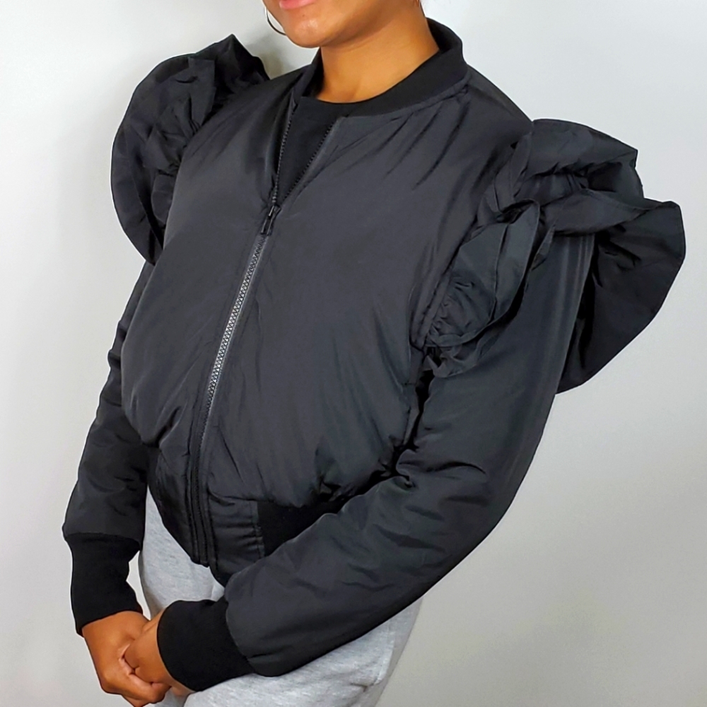 Black Ruffle Shoulder Double Front Zip Cropped Bomber Jacket - Picture 2 of 5